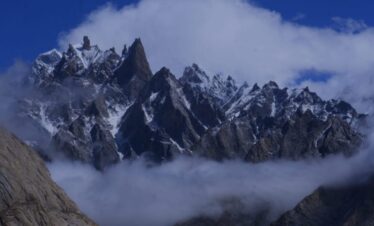 Trango tower covered in clouds