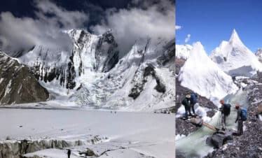 Chogolisa peak expedtion with team crossing the bridge
