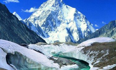 Panoramic view of K2 and surrounding Karakoram peaks at Concordia