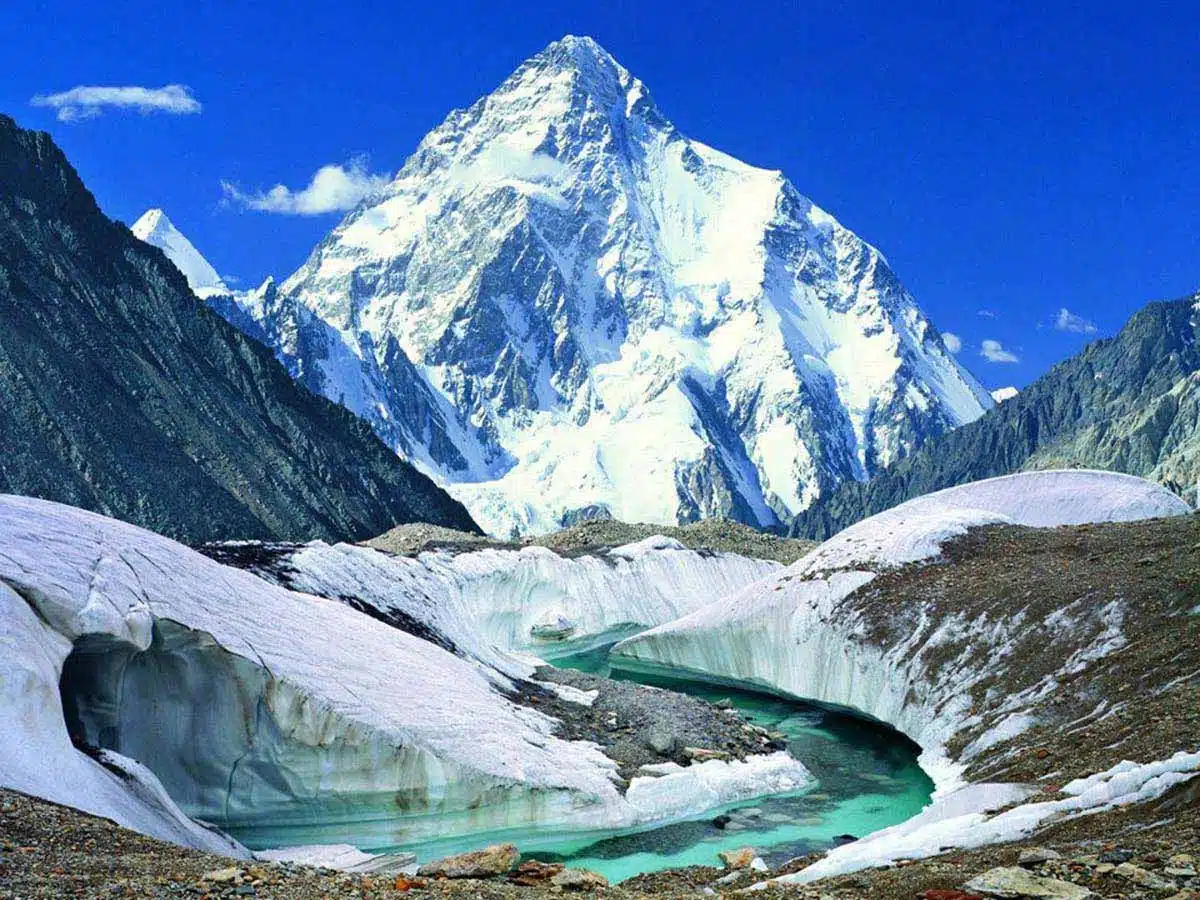 Panoramic view of K2 and surrounding Karakoram peaks at Concordia