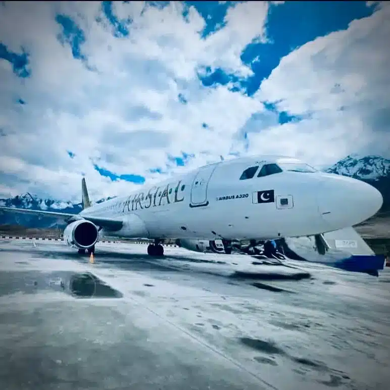 AirSial aircraft landed at Skardu Airport surrounded by mountains