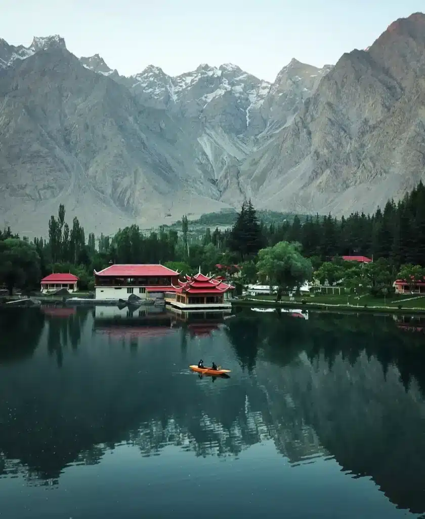 Scenic view of Shangrila Resort Lake with crystal-clear water and colorful landscape