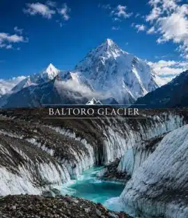 Panoramic view of Baltoro Glacier surrounded by the Karakoram mountains. picture by skardu trekkers
