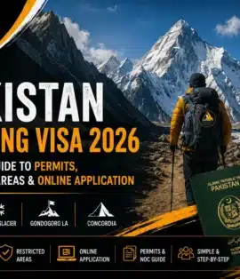 Featured image for Pakistan Trekking Visa 2026 guide showing a hiker in the Karakoram Mountains with Pakistan passport, visa, and Skardu Trekkers branding for K2 Base Camp, Baltoro Glacier, Concordia, and Gondogoro La permits.