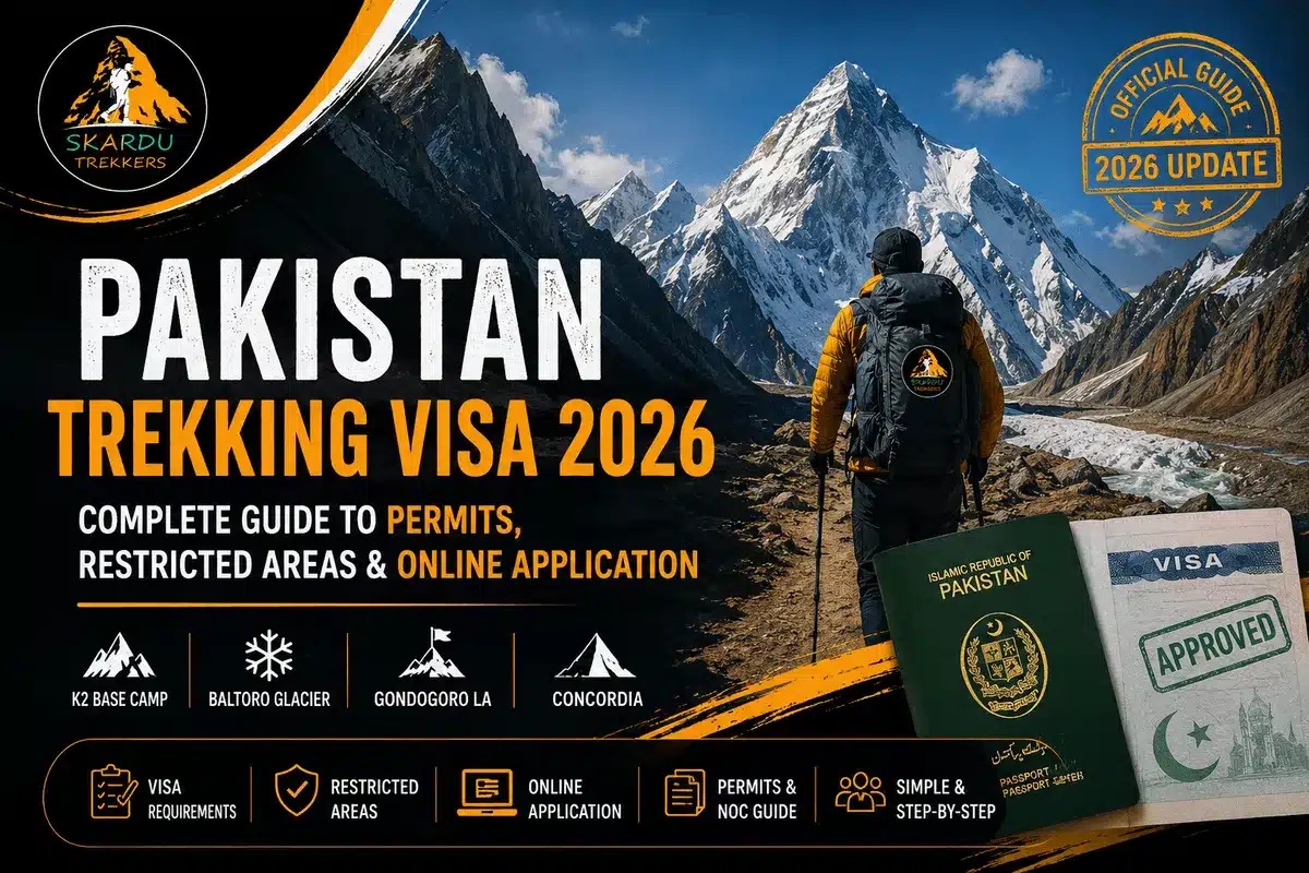 Featured image for Pakistan Trekking Visa 2026 guide showing a hiker in the Karakoram Mountains with Pakistan passport, visa, and Skardu Trekkers branding for K2 Base Camp, Baltoro Glacier, Concordia, and Gondogoro La permits.