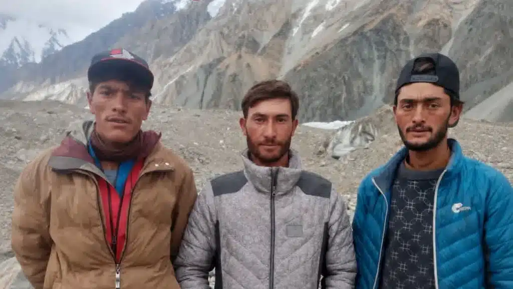 Pakistani climber Sohail Sakhi's body by local volunteers from Tissar village in Shigar.