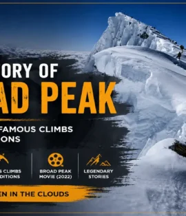 Broad Peak mountain with climbers on the summit ridge, featured in the history of Broad Peak first ascent and famous expeditions
