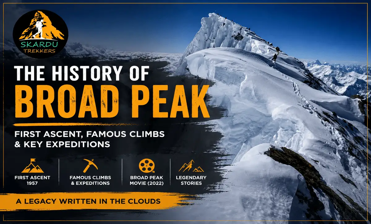 Broad Peak mountain with climbers on the summit ridge, featured in the history of Broad Peak first ascent and famous expeditions