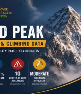 Broad Peak statistics showing success rate, fatality rate, 2026 avalanche deaths, and climbing difficulty