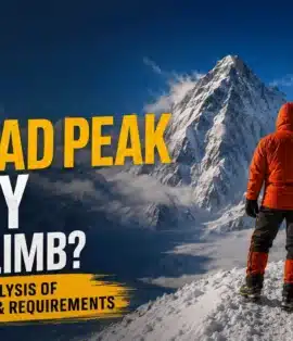Climbing Broad Peak in Pakistan with Skardu Trekkers branding and a mountaineer overlooking the snow-covered mountain.