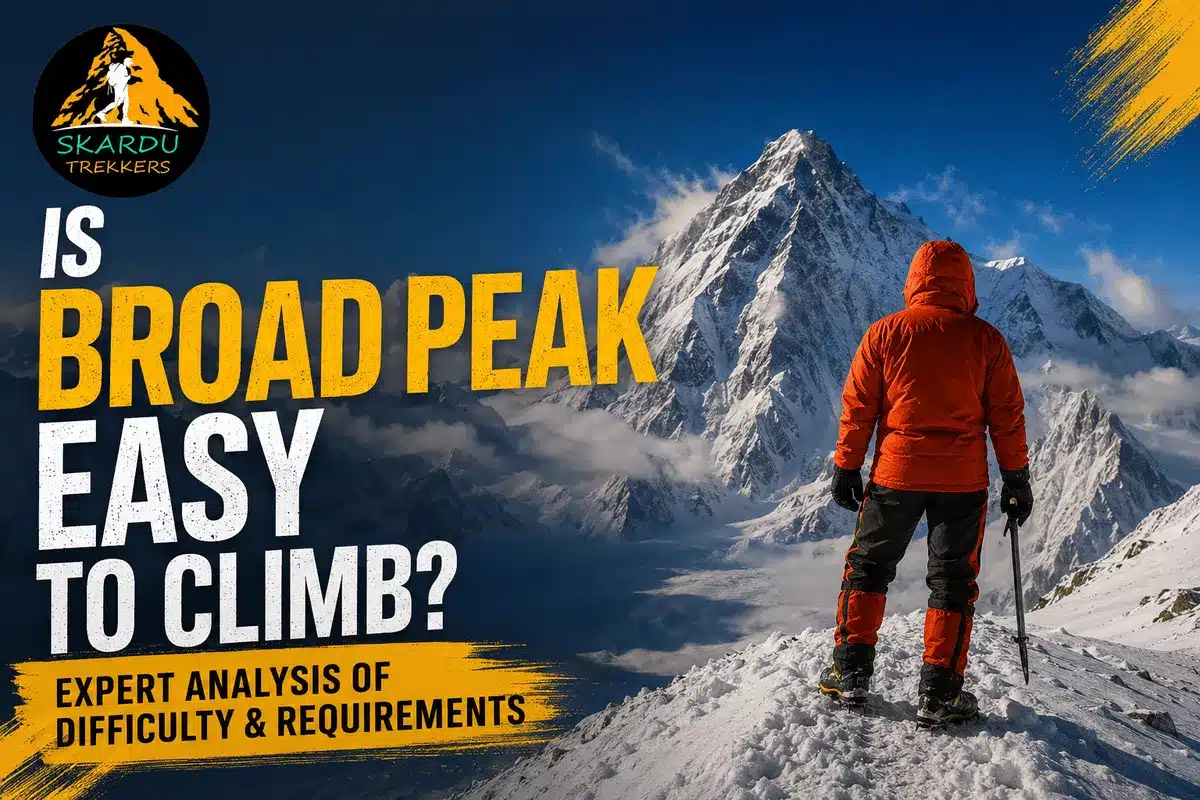 Climbing Broad Peak in Pakistan with Skardu Trekkers branding and a mountaineer overlooking the snow-covered mountain.