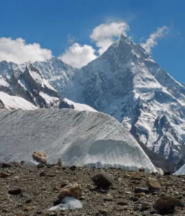 Masherbrum (K1) mountain in Pakistan's Karakoram Range with Skardu Trekkers branding, featured image for the complete guide to K1.