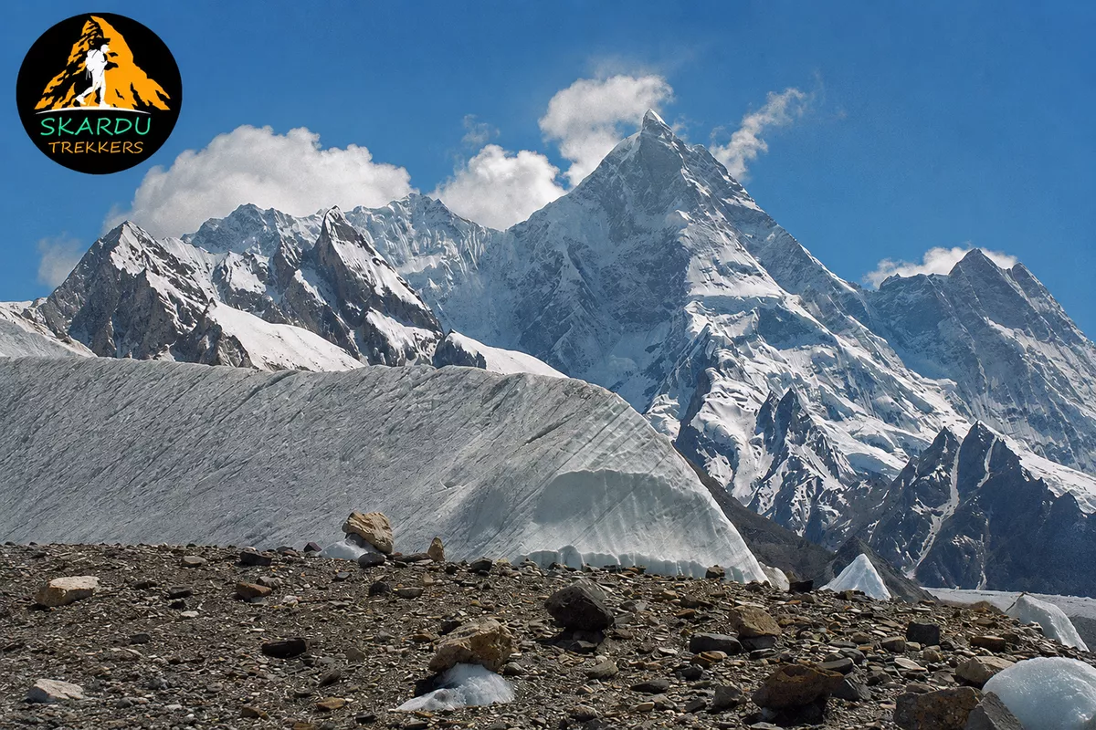 Masherbrum (K1) mountain in Pakistan's Karakoram Range with Skardu Trekkers branding, featured image for the complete guide to K1.