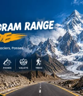 Karakoram Range Guide featuring snow-capped peaks, glaciers, mountain passes, valleys and trekking routes