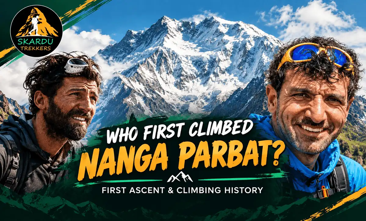 Nanga Parbat first ascent climbing history featuring mountaineers and Skardu Trekkers branding